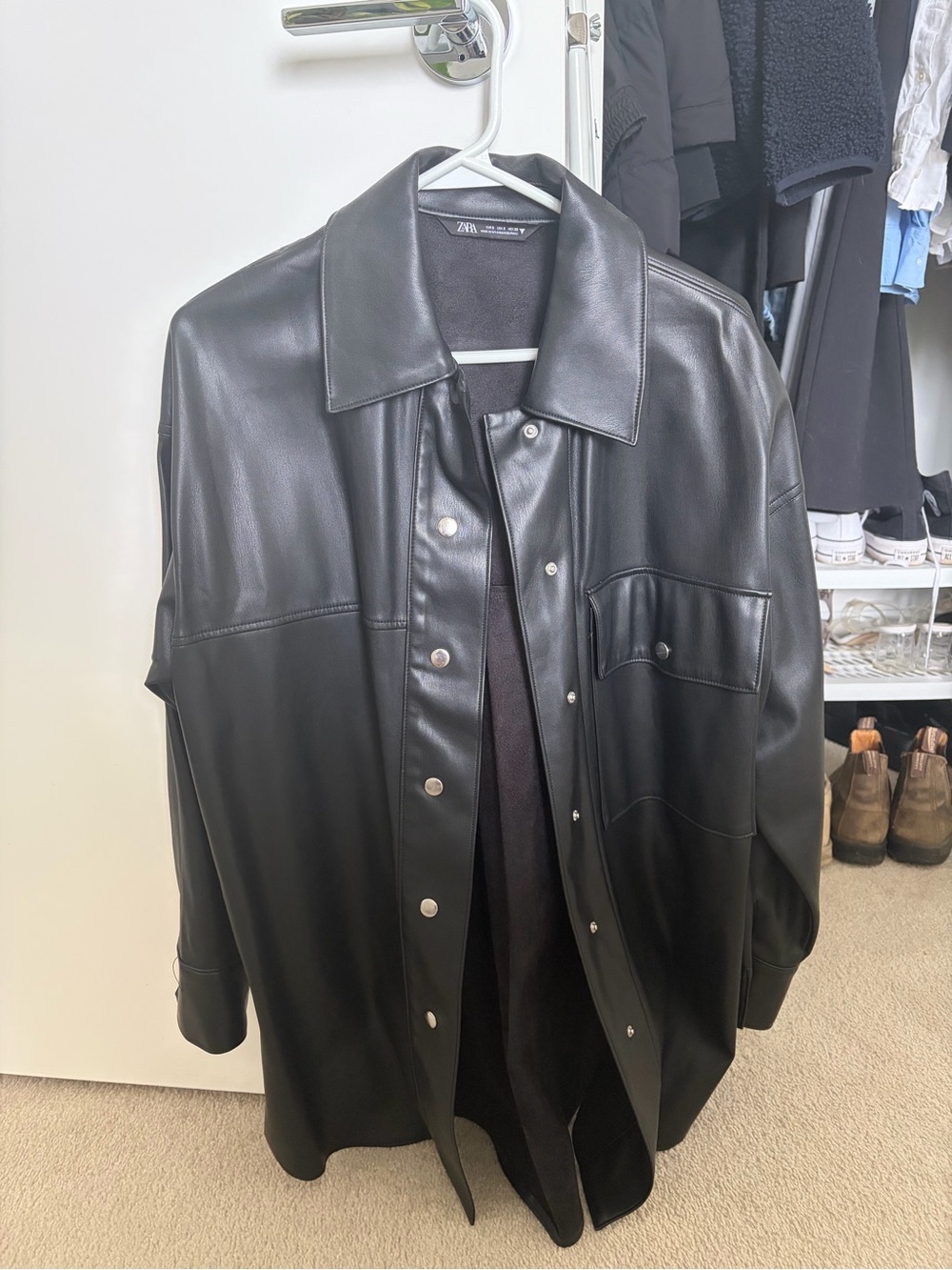 Zara Black Faux Leather Oversized Snap-Front Jacket